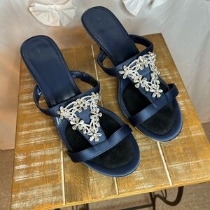 Navy Blue Kitten Heel Slide on Sandal/Shoe